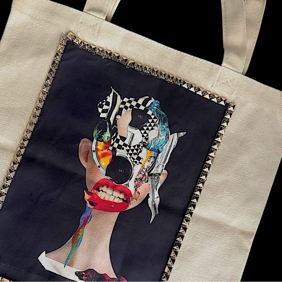 One of a kind custom Custom Tote Bag embellish with stud and my original artwork - Picture 7 of 9